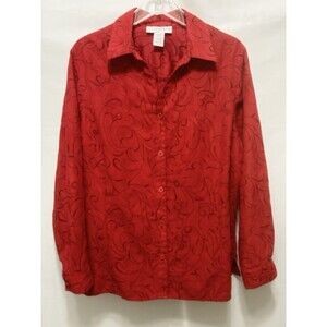 Sag Harbor Womens XL Red with Black Embroidered Floral Long Sleeve Button Up Top